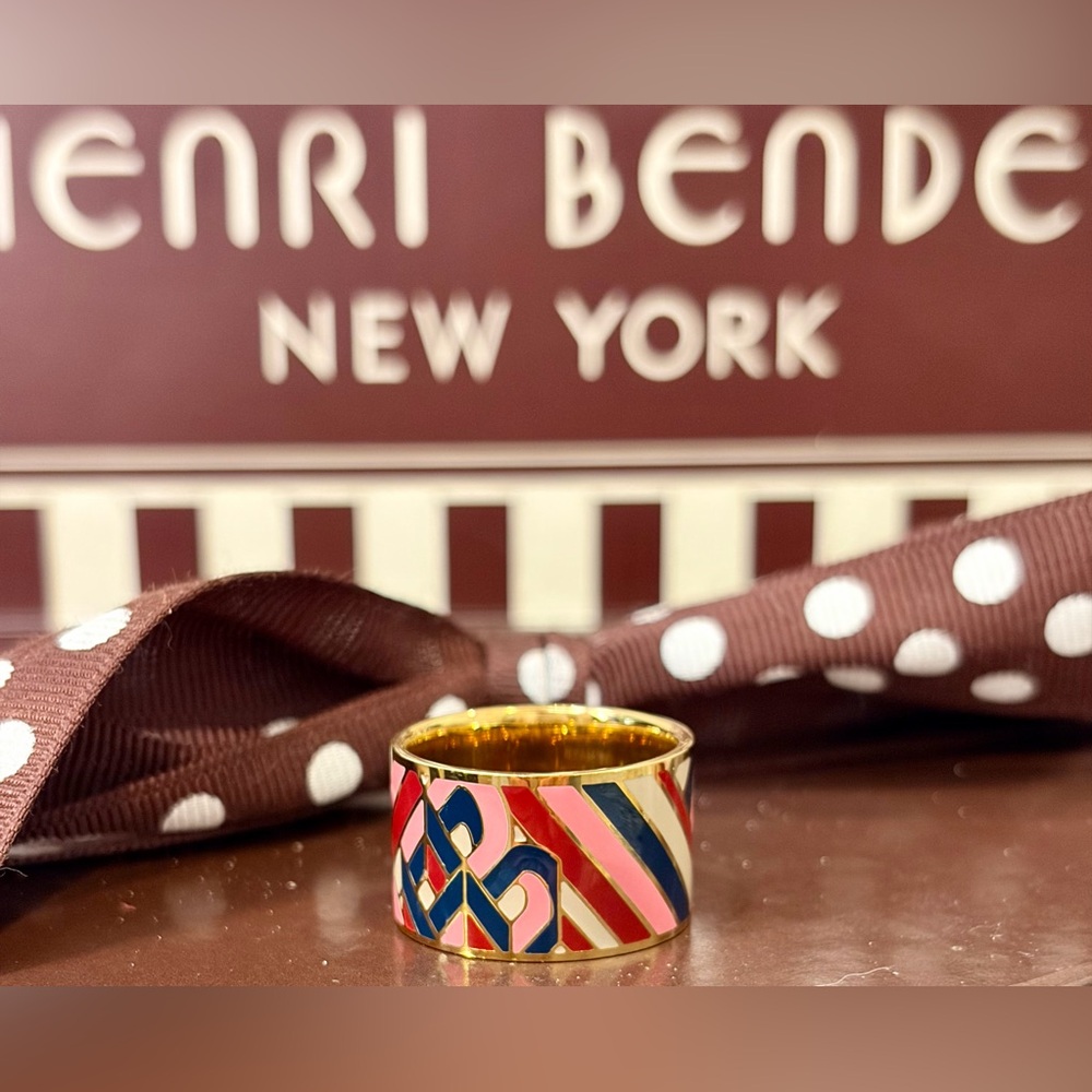 Henri Bendel Multicolor Diagonal Enamel Band — Pink, Navy and Gold Size 9 💖
